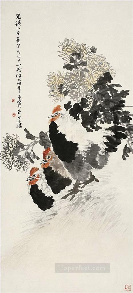 Ren bonian three roosters traditional China Oil Paintings